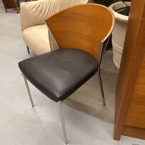 Black Leather Designer (Philippe Starck) Chair by Calligaris - Walnut Back, Chrome Legs