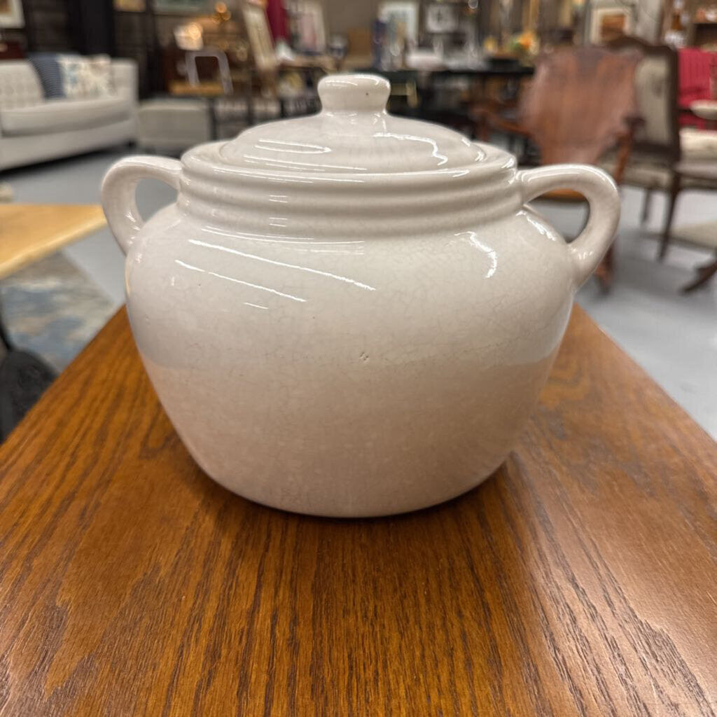 White Crackled Crock w Lid & Handles