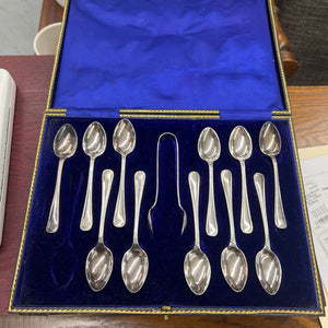 Vintage Boxed Set Of Silver Demitasse Spoons w Sugar Tongs