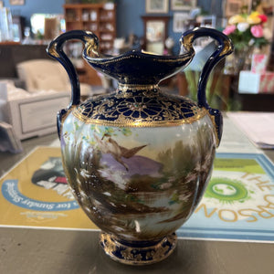 Antique Hand Painted Nippon Porcelain Vase-Blue/Gold