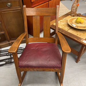 Antique - Solid Oak Mission Styled Rocker w Burgundy Seat