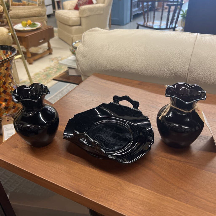 Vintage Black Amethyst Glass Vase & Dish + Extra Vase