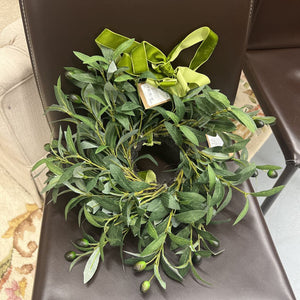 Small Green Olive Wreath w Velvet Hangar