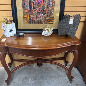 Burled Butternut Hall Table on Casters - Carved Lower