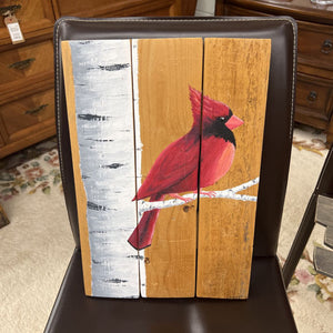 Hand Painted Wall Art - Cardinal on Fence Board