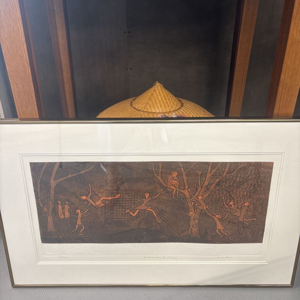 "A Summer Evening" Intaglio Print By Mathies Muleme- Embossed Mat w Metal Frame