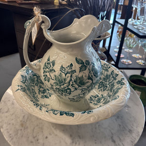 Bakewell Bros. England - Anemone Pitcher & Wash Basin - Green Transfer Ware