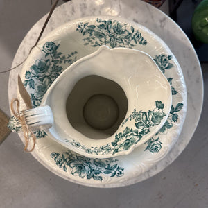 Bakewell Bros. England - Anemone Pitcher & Wash Basin - Green Transfer Ware