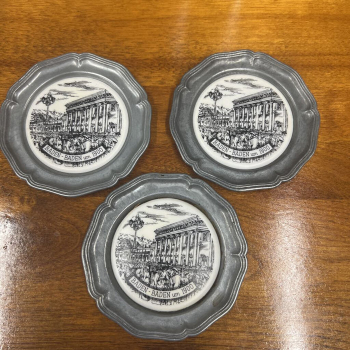 SET of 3 Vintage German Pewter Souvenir (Baden) Wall Plates