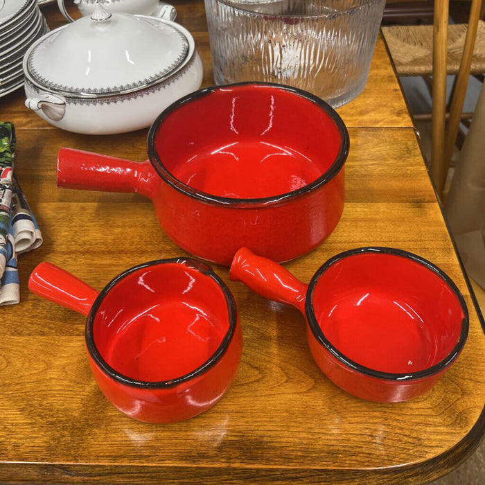 RED Vintage MCM Glazed 3 PC Soup Set - Handled Pot & 2 Bowls