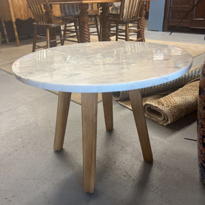White Round Marble Side Table on Wood Base
