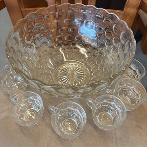 Vintage Clear Glass Punch Bowl w 8 Cups