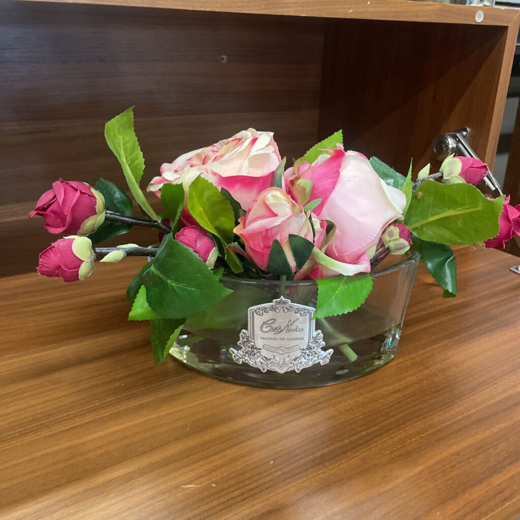 Decorative Rose Flower Arrangement in Oval Glass Vase