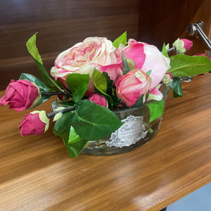 Decorative Rose Flower Arrangement in Oval Glass Vase
