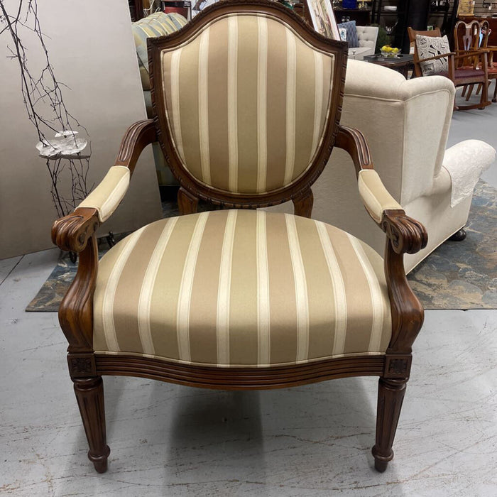 Louis XV French Country Walnut Claw Arm Chair w Cream Striped Satin Seat