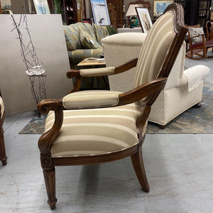 Louis XV French Country Walnut Claw Arm Chair w Cream Striped Satin Seat