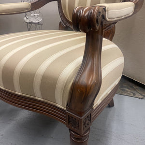 Louis XV French Country Walnut Claw Arm Chair w Cream Striped Satin Seat
