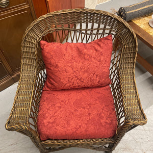 Antique Wicker Arm Chair- Rust Floral Satin Seat