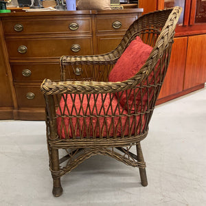 Antique Wicker Arm Chair- Rust Floral Satin Seat