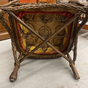 Antique Wicker Arm Chair- Rust Floral Satin Seat