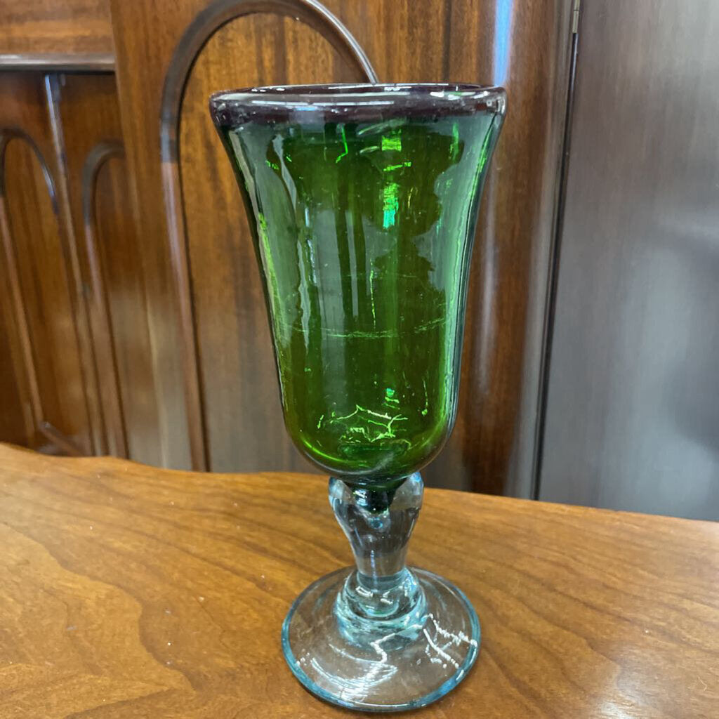 PAIR Mexican Style Green Glass Goblet w light blue Stem