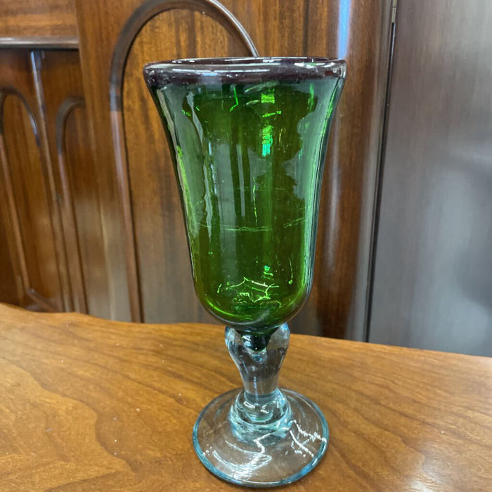 PAIR Mexican Style Green Glass Goblet w light blue Stem