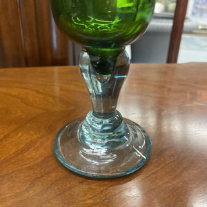 PAIR Mexican Style Green Glass Goblet w light blue Stem