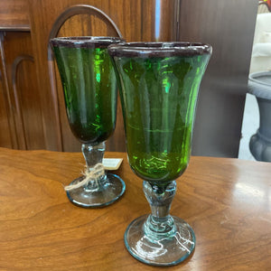 PAIR Mexican Style Green Glass Goblet w light blue Stem