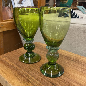 PAIR Mexican Style Green Goblet with Glass Ball Stem