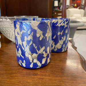 PAIR Blue & White Speckled Handblown Murano Glassware