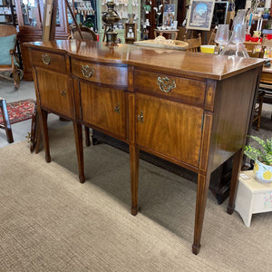 Kaufman Mahogany Sideboard w Rounded Front, Wood Inlay, Spade Foot, Brass Detailing