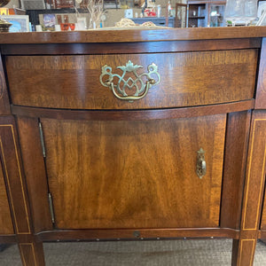 Kaufman Mahogany Sideboard w Rounded Front, Wood Inlay, Spade Foot, Brass Detailing