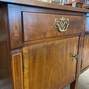 Kaufman Mahogany Sideboard w Rounded Front, Wood Inlay, Spade Foot, Brass Detailing