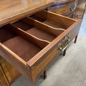 Kaufman Mahogany Sideboard w Rounded Front, Wood Inlay, Spade Foot, Brass Detailing