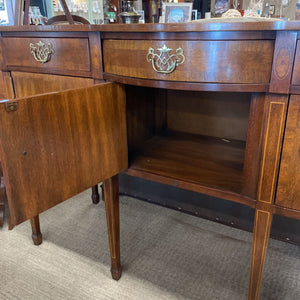 Kaufman Mahogany Sideboard w Rounded Front, Wood Inlay, Spade Foot, Brass Detailing