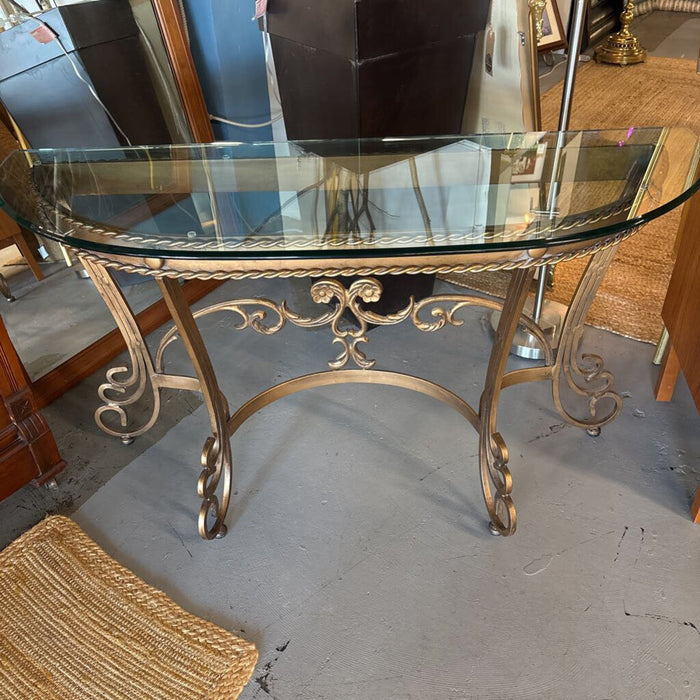 Half Moon Glass Console Table w Wrought Iron Gold Base - Reid & Siemonsen