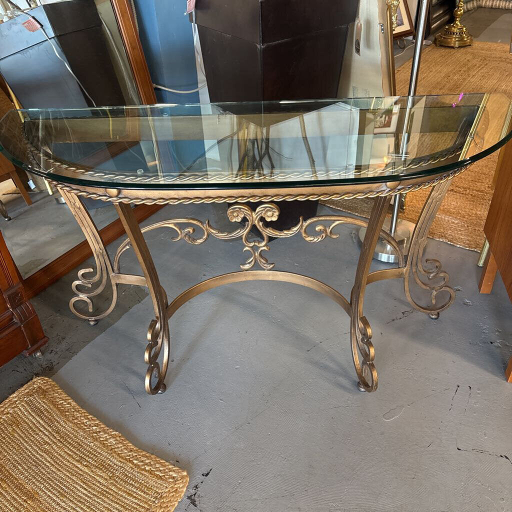 Half Moon Glass Console Table w Wrought Iron Gold Base - Reid & Siemonsen