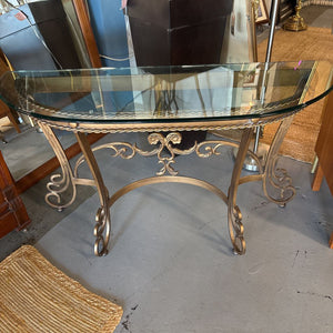 Half Moon Glass Console Table w Wrought Iron Gold Base - Reid & Siemonsen