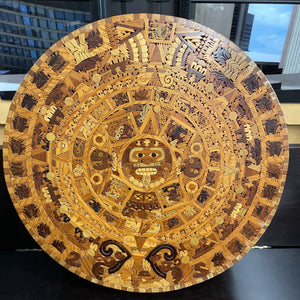 Hand Carved Wooden Inlay Aztec Calendar