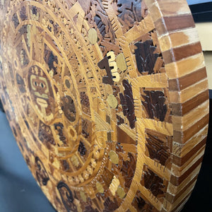 Hand Carved Wooden Inlay Aztec Calendar