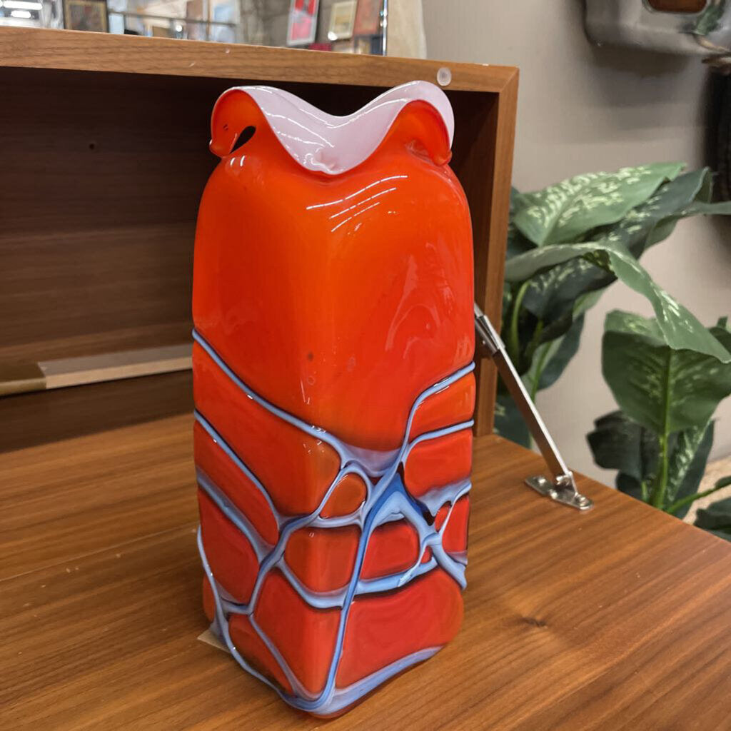 Hand Blown Murano Orange Glass Vase w White Ruffles and Grey Webbing Detail