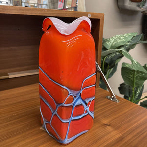 Hand Blown Murano Orange Glass Vase w White Ruffles and Grey Webbing Detail
