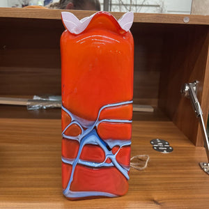 Hand Blown Murano Orange Glass Vase w White Ruffles and Grey Webbing Detail