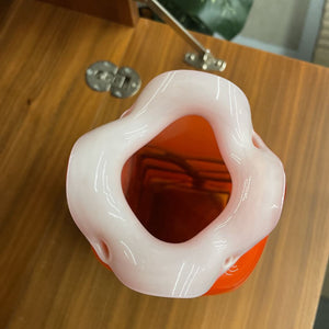 Hand Blown Murano Orange Glass Vase w White Ruffles and Grey Webbing Detail