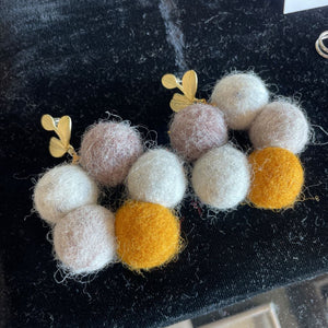 Hand Felted Ball Earrings w gold floral detail