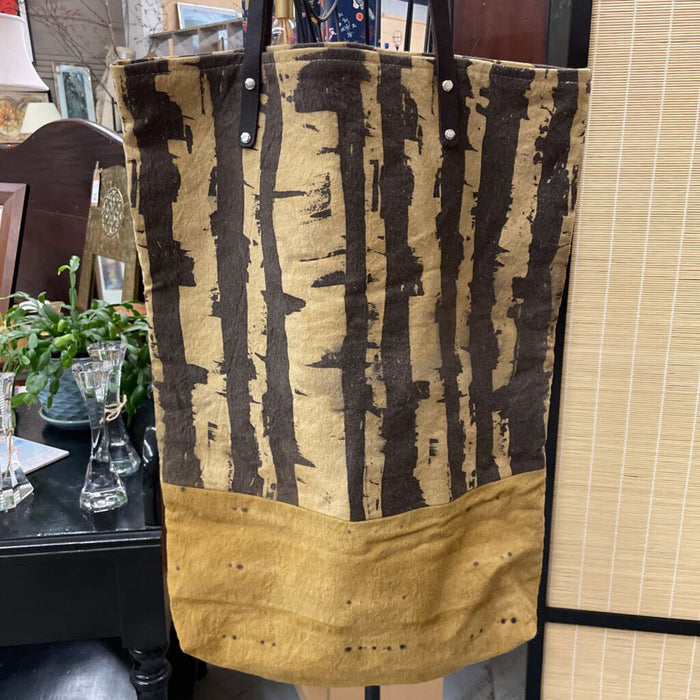 Large Birch Tree Tote Bag Naturally Dyed with Weld & Iron w Leather Straps