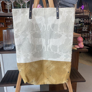Large Caribou Tote Bag Naturally Dyed w Red Cabbage & Weld- Leather Straps
