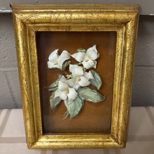 3D Floral Paper Tole (White & Green) Art Piece in Gold Ornate Frame