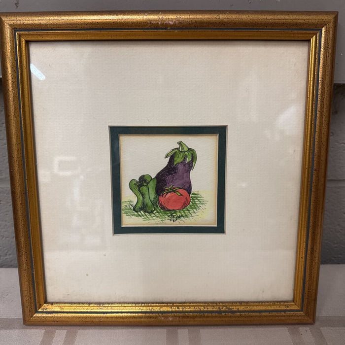 'Eggplant Tomato & Pepper' Art Print in Gold Frame