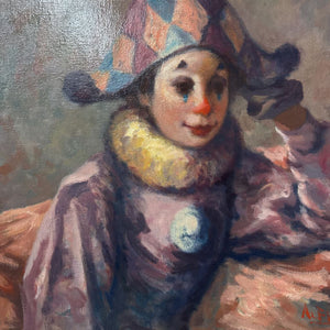 PHILIPPE ALFIERI Sitting Clown - Original Oil on Canvas, Gold Ornate Frame